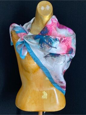 Carlisle Komen Watercolor Floral Silk Scarf in Pink & Blue New Old Stock